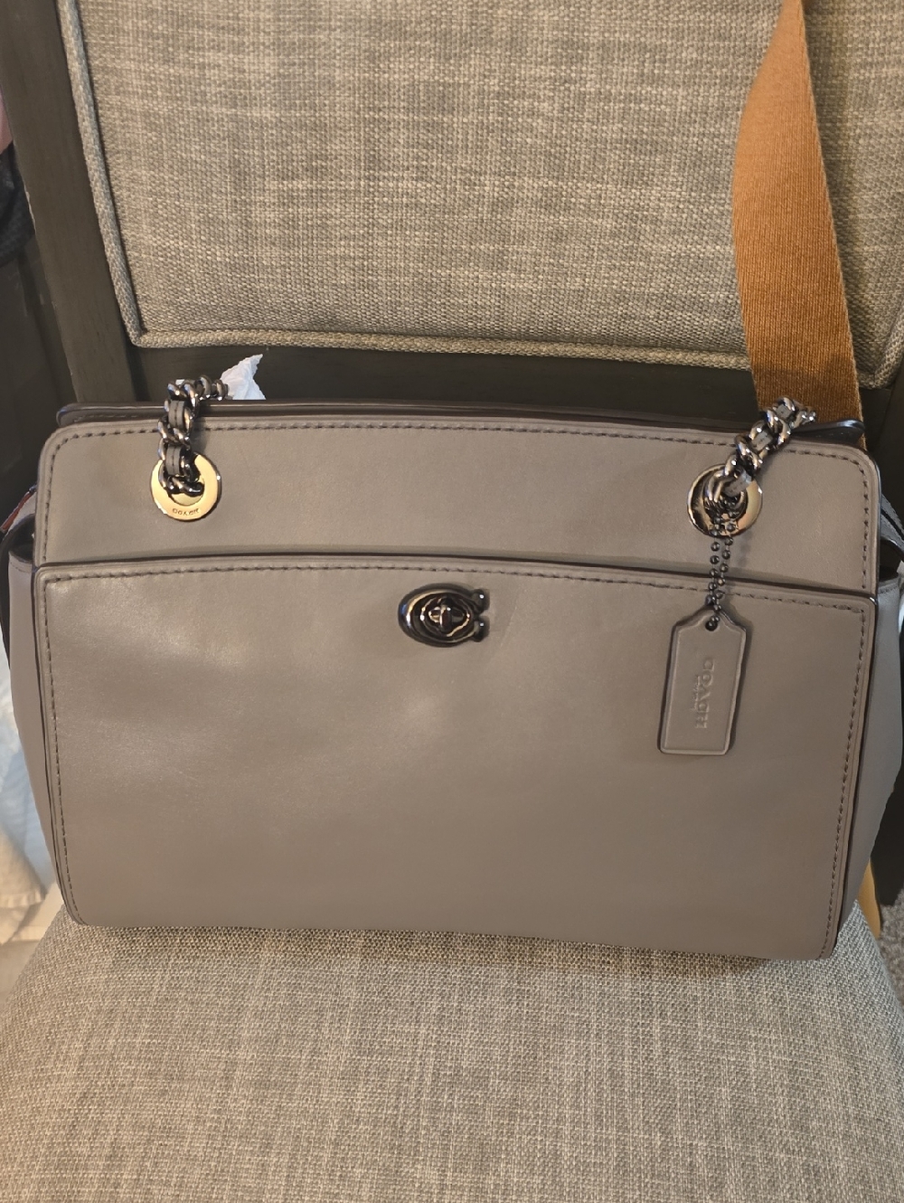 Coach Taupe Gray Leather Shoulder Bag with Chain-Strap